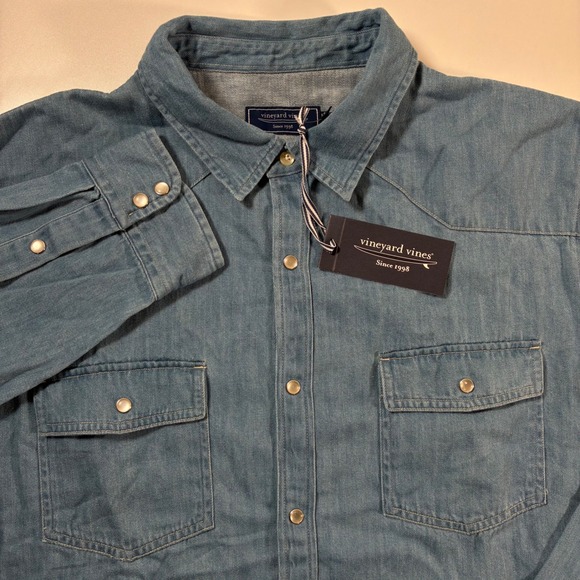 NEW Vineyard Vines Denim Western Shirt 2XL Blue Linen Blend Pearl Snap Cowboy